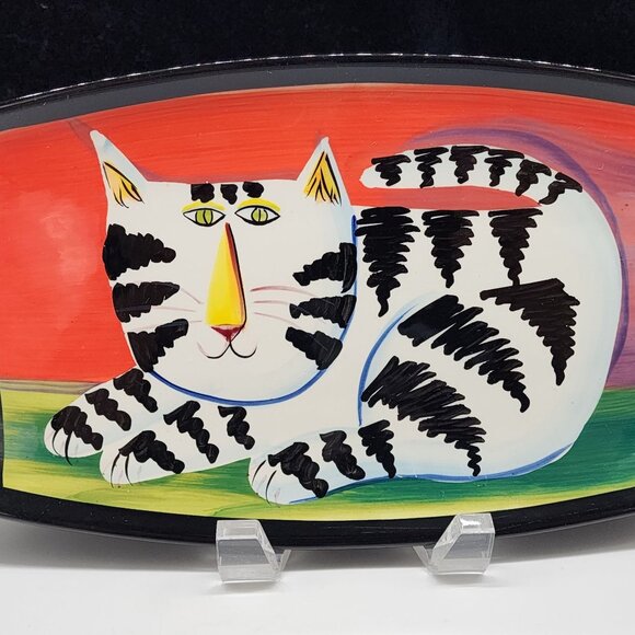 Naylor Designs Ceramic Cat Hanging Plate Black Background Colorful 2005 VTG - Picture 2 of 13